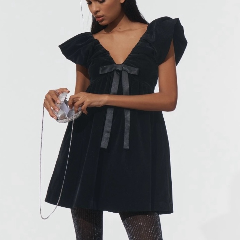 Anthropologie Endless Rose Black Velvet Bow Mini Dress Large NWT
